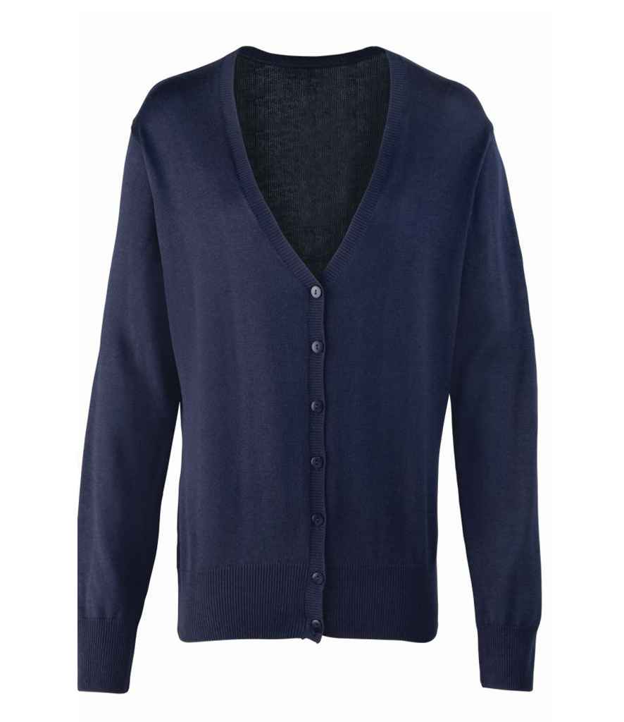 Premier Ladies Cotton Acrylic V Neck Cardigan in Navy by Premier — Custom branded clothing by Print Press, featuring premium embroidery produced in our specialist print lab in the UK.