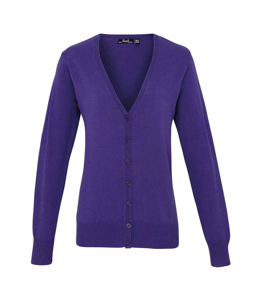 Premier Ladies Cotton Acrylic V Neck Cardigan in Purple by Premier — Custom branded clothing by Print Press, featuring premium embroidery produced in our specialist print lab in the UK.