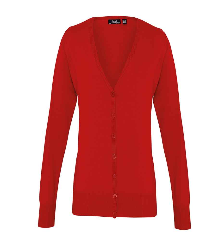 Premier Ladies Cotton Acrylic V Neck Cardigan in Red by Premier — Custom branded clothing by Print Press, featuring premium embroidery produced in our specialist print lab in the UK.