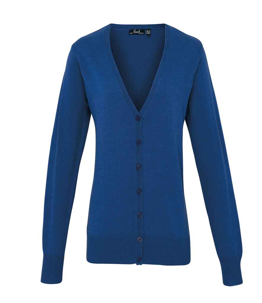 Premier Ladies Cotton Acrylic V Neck Cardigan in Royal Blue by Premier — Custom branded clothing by Print Press, featuring premium embroidery produced in our specialist print lab in the UK.