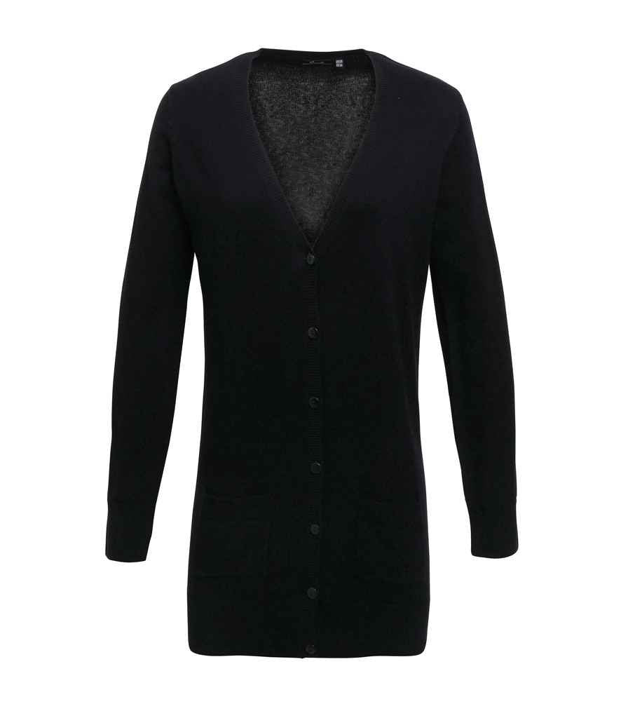 Premier Ladies Longline V Neck Cardigan in Black by Premier — Custom branded clothing by Print Press, featuring premium embroidery produced in our specialist print lab in the UK.