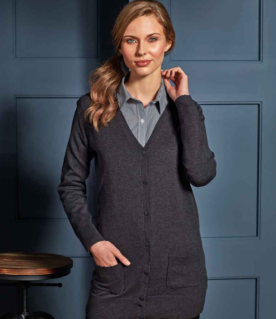 Premier Ladies Longline V Neck Cardigan in Charcoal by Premier — Custom branded clothing by Print Press, featuring premium embroidery produced in our specialist print lab in the UK.