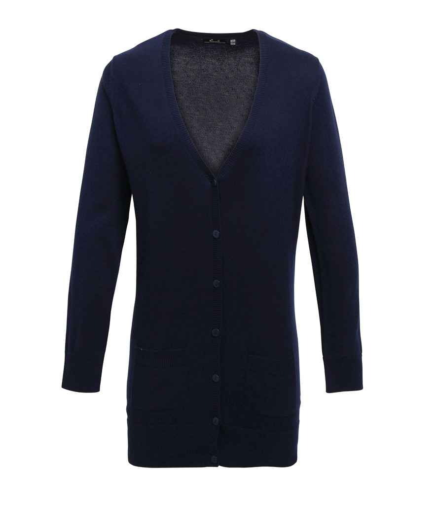 Premier Ladies Longline V Neck Cardigan in Navy by Premier — Custom branded clothing by Print Press, featuring premium embroidery produced in our specialist print lab in the UK.