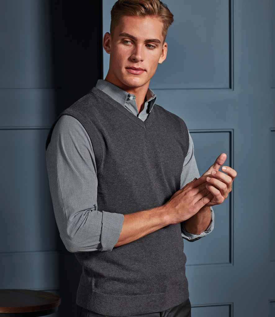 Premier Sleeveless Cotton Acrylic V Neck Sweater in Charcoal by Premier — Custom branded clothing by Print Press, featuring premium embroidery produced in our specialist print lab in the UK.