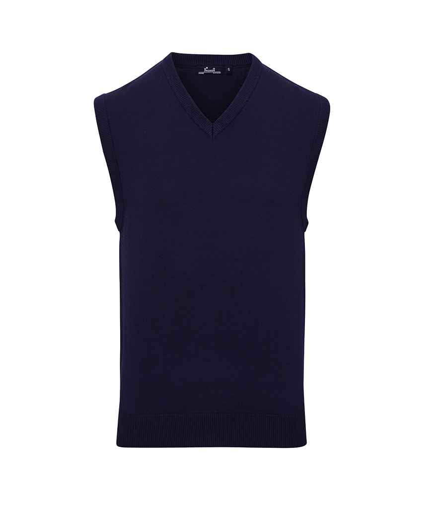 Premier Sleeveless Cotton Acrylic V Neck Sweater in Navy by Premier — Custom branded clothing by Print Press, featuring premium embroidery produced in our specialist print lab in the UK.