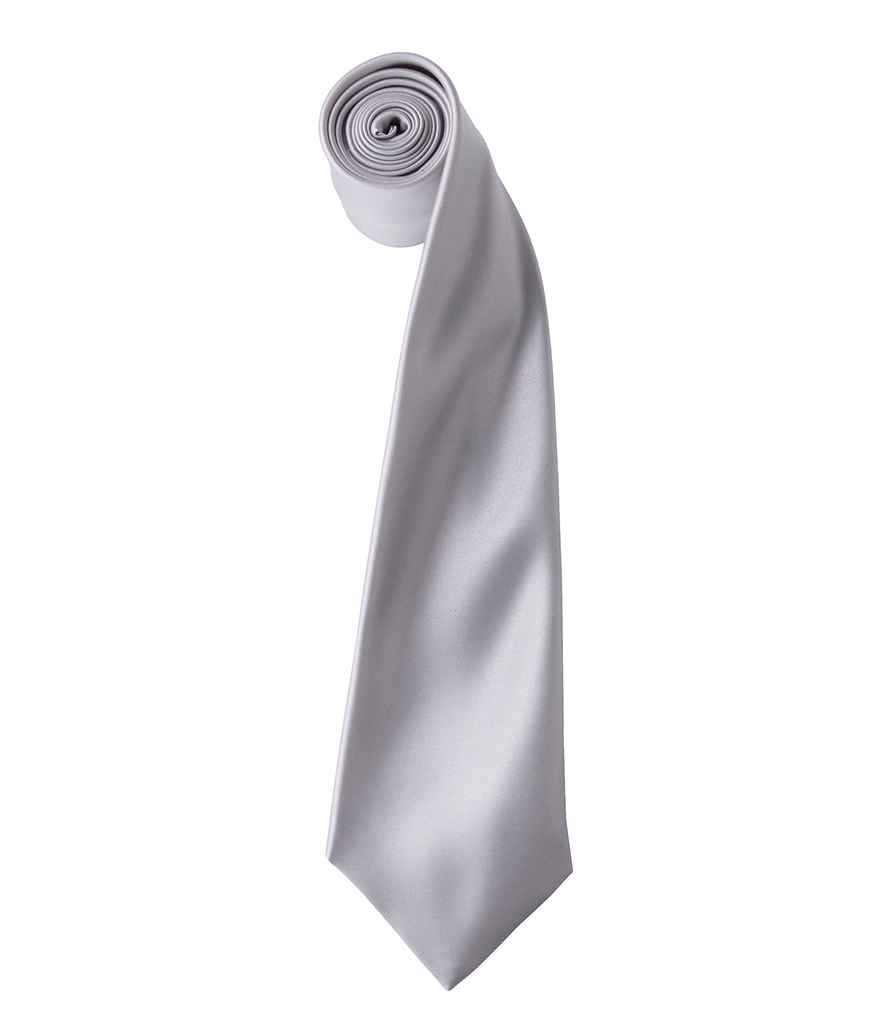 Premier 'Colours' Satin Tie in ONE Silver by Premier — Custom branded clothing by Print Press, featuring premium embroidery produced in our specialist print lab in the UK.