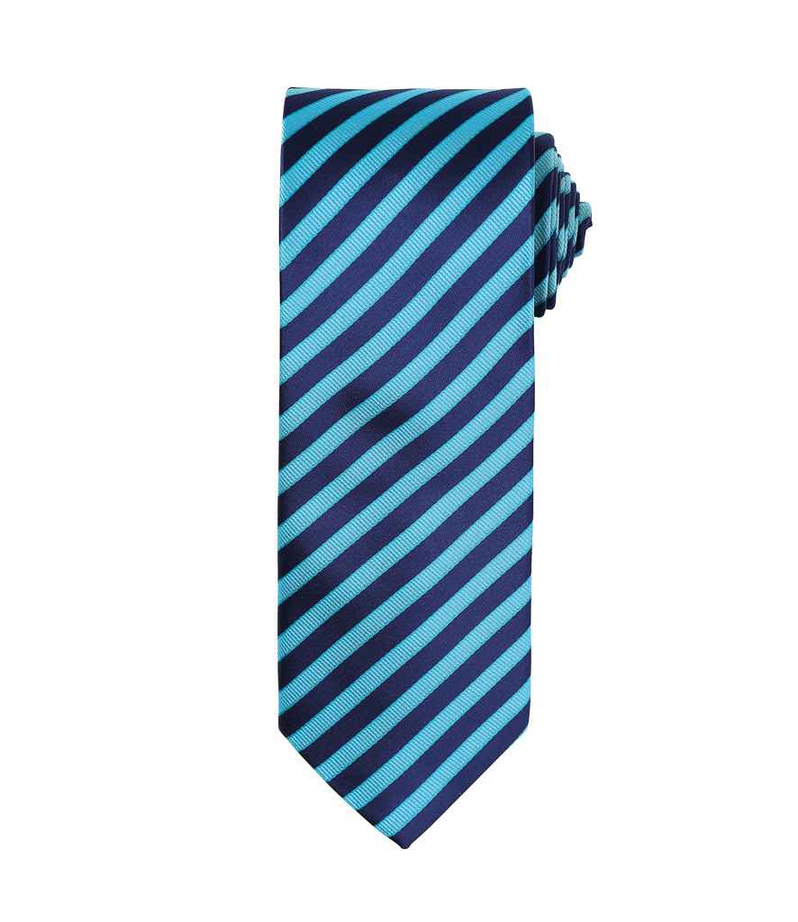 Premier Double Stripe Tie in ONE Turquoise Blue Navy by Premier — Custom branded clothing by Print Press, featuring premium embroidery produced in our specialist print lab in the UK.