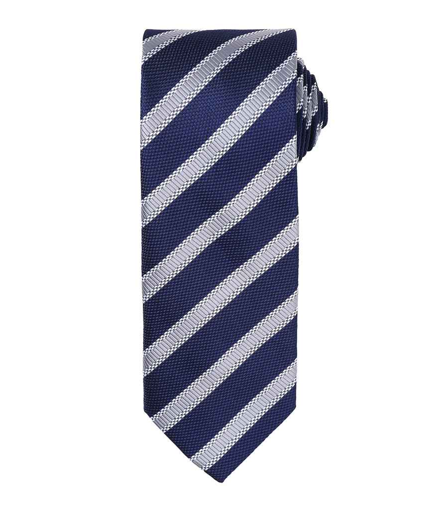 Premier Waffle Stripe Tie in ONE Navy Silver by Premier — Custom branded clothing by Print Press, featuring premium embroidery produced in our specialist print lab in the UK.