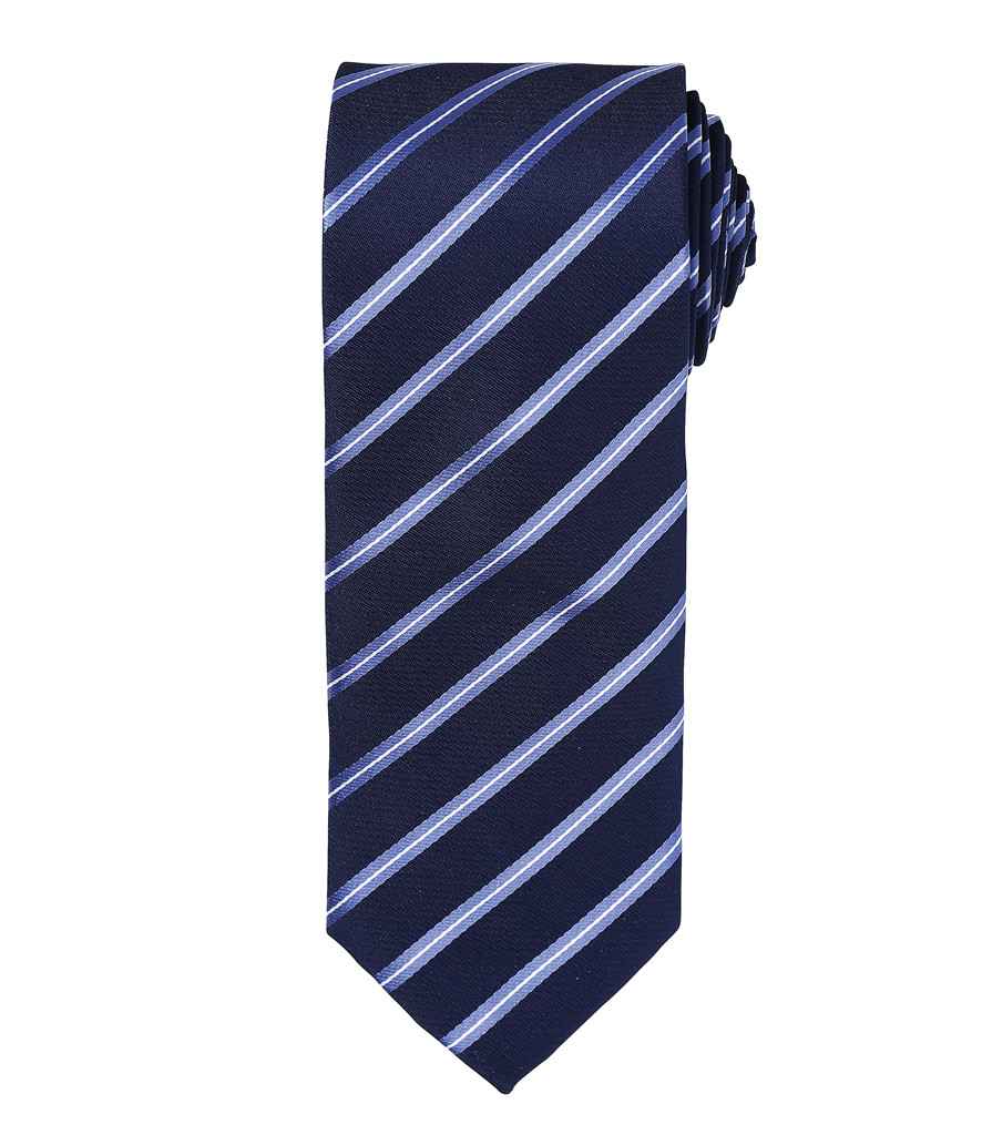 Premier Sports Stripe Tie in ONE Navy Royal Blue by Premier — Custom branded clothing by Print Press, featuring premium embroidery produced in our specialist print lab in the UK.