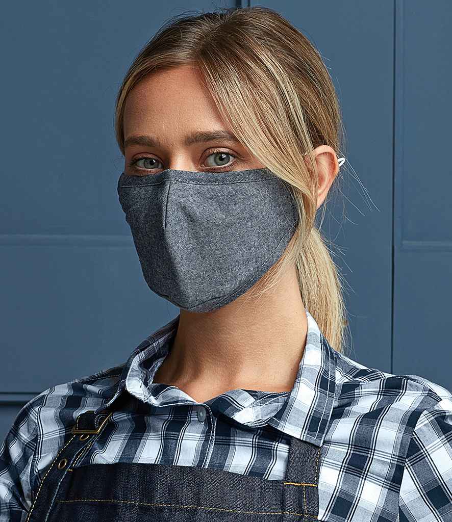 Premier Washable 3-Layer Face Mask with Carbon Filter Option in ONE Indigo Denim by Premier — Custom branded clothing by Print Press, featuring premium embroidery produced in our specialist print lab in the UK.