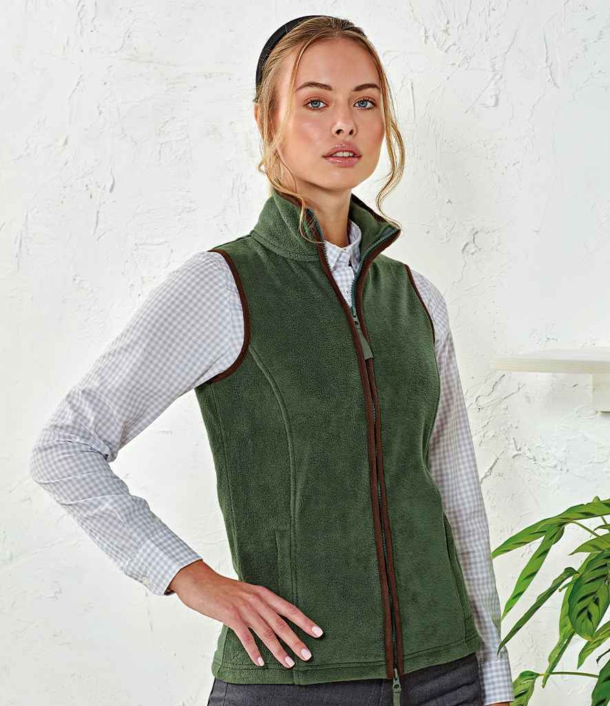 Premier Ladies Artisan Fleece Gilet in XS Moss Green Brown by Premier — Custom branded clothing by Print Press, featuring premium embroidery produced in our specialist print lab in the UK.