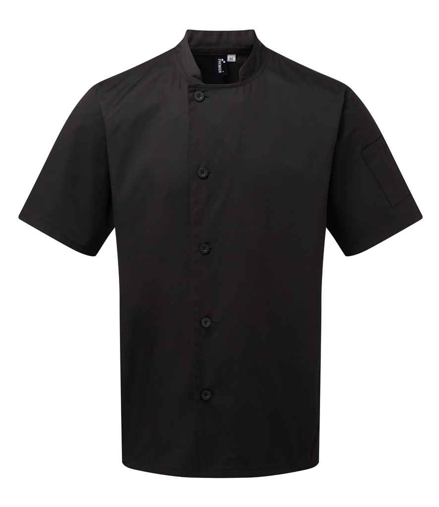 Premier Essential Short Sleeve Chef's Jacket in Black by Premier — Custom branded clothing by Print Press, featuring premium embroidery produced in our specialist print lab in the UK.