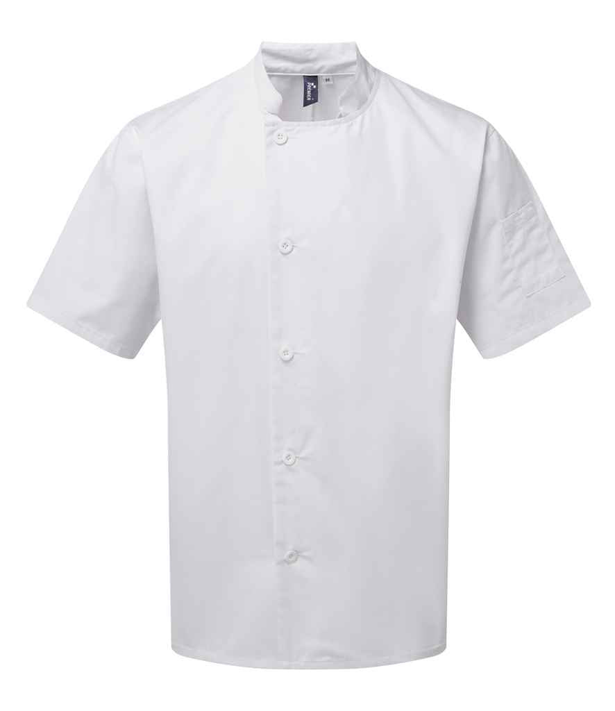 Premier Essential Short Sleeve Chef's Jacket in by Premier — Custom branded clothing by Print Press, featuring premium embroidery produced in our specialist print lab in the UK.