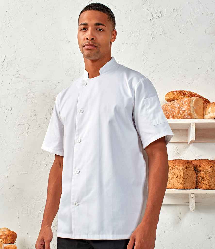 Premier Essential Short Sleeve Chef's Jacket in XS White by Premier — Custom branded clothing by Print Press, featuring premium embroidery produced in our specialist print lab in the UK.