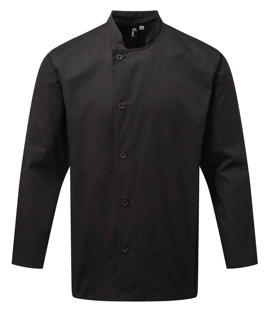Premier Essential Long Sleeve Chef's Jacket in by Premier — Custom branded clothing by Print Press, featuring premium embroidery produced in our specialist print lab in the UK.