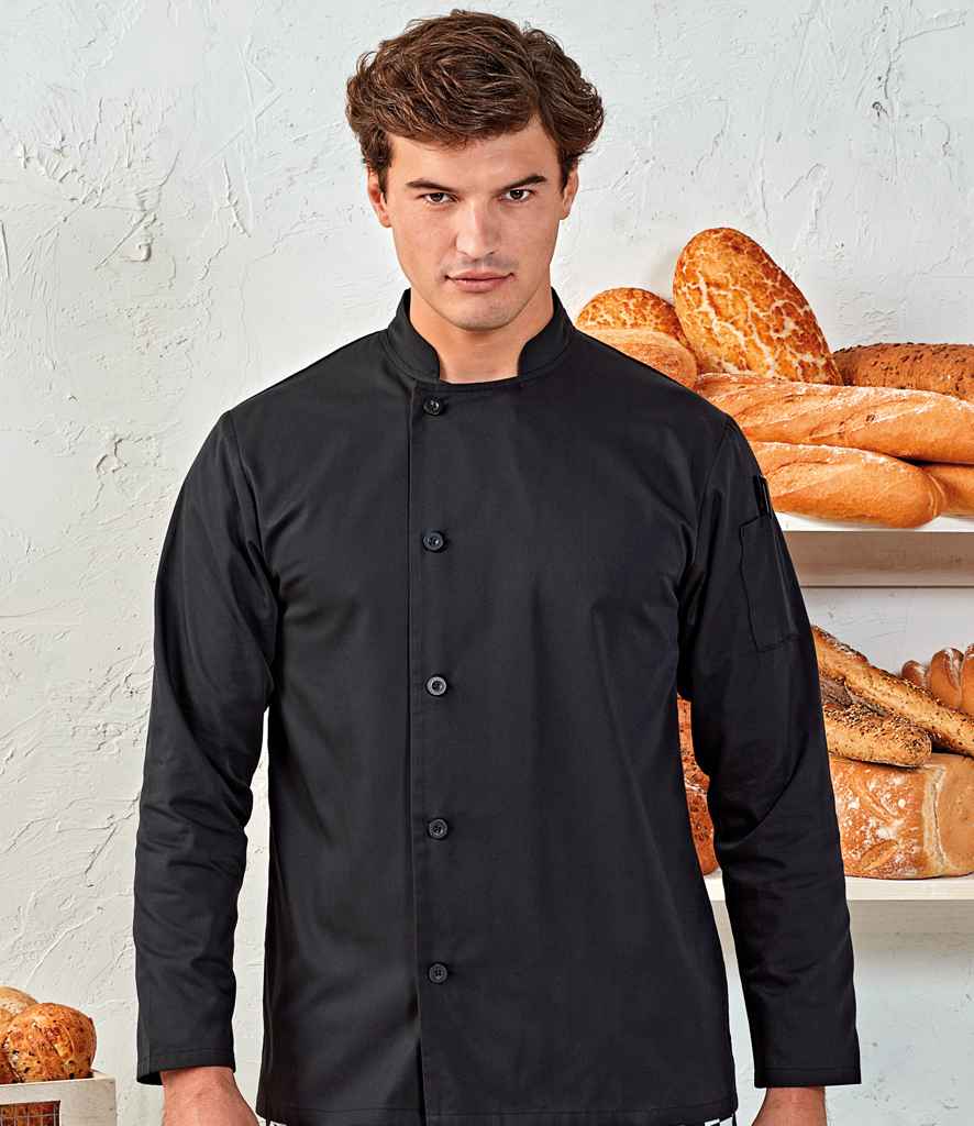 Premier Essential Long Sleeve Chef's Jacket in Black by Premier — Custom branded clothing by Print Press, featuring premium embroidery produced in our specialist print lab in the UK.