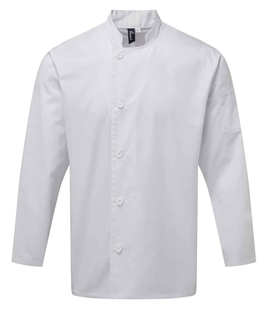 Premier Essential Long Sleeve Chef's Jacket in White by Premier — Custom branded clothing by Print Press, featuring premium embroidery produced in our specialist print lab in the UK.
