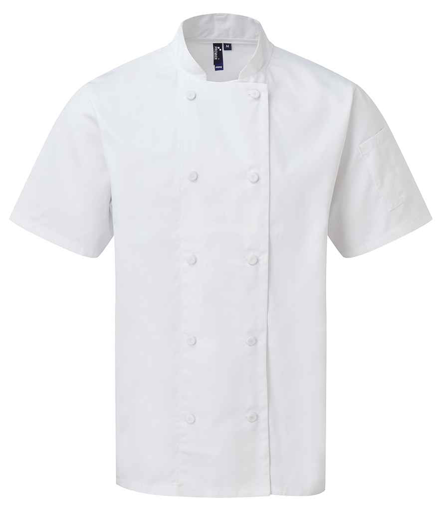 Premier Coolchecker Short Sleeve Chef's Jacket in XS White by Premier — Custom branded clothing by Print Press, featuring premium embroidery produced in our specialist print lab in the UK.