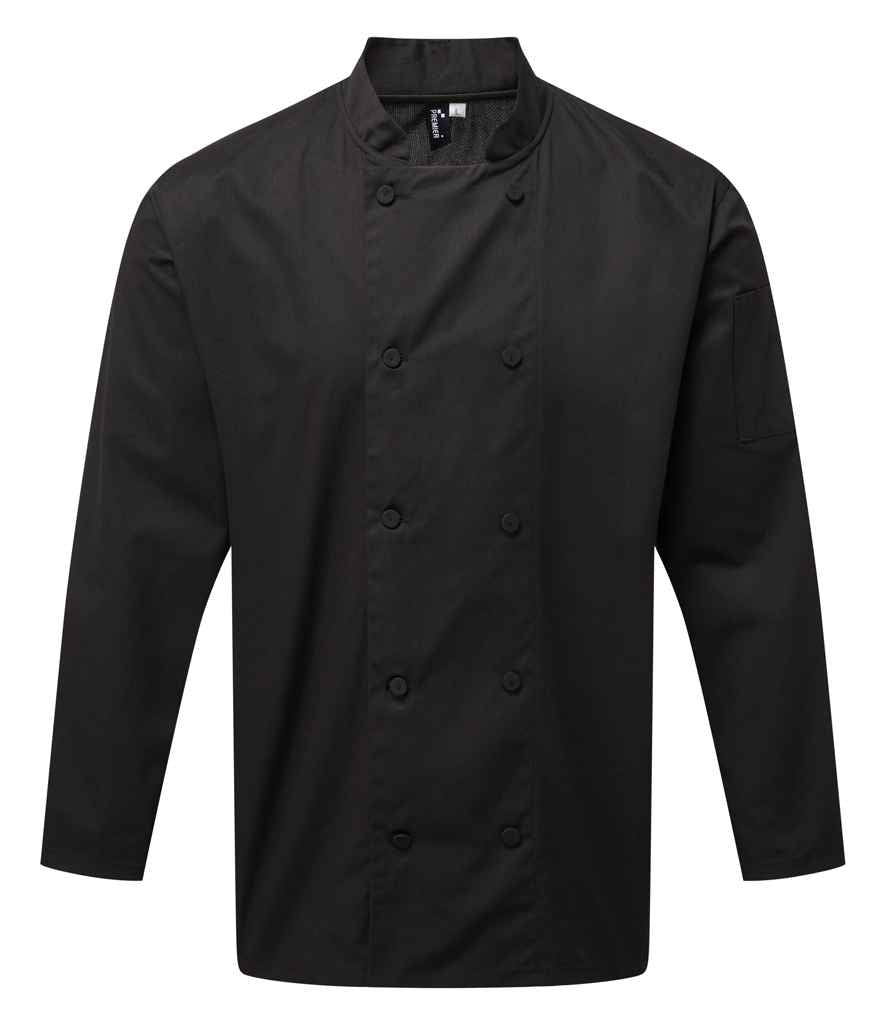 Premier Coolchecker Long Sleeve Chef's Jacket in by Premier — Custom branded clothing by Print Press, featuring premium embroidery produced in our specialist print lab in the UK.