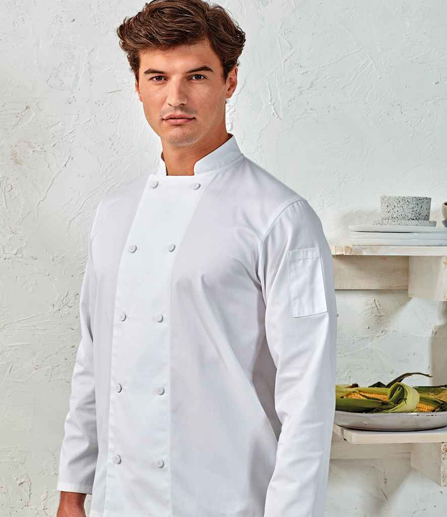 Premier Coolchecker Long Sleeve Chef's Jacket in Black by Premier — Custom branded clothing by Print Press, featuring premium embroidery produced in our specialist print lab in the UK.