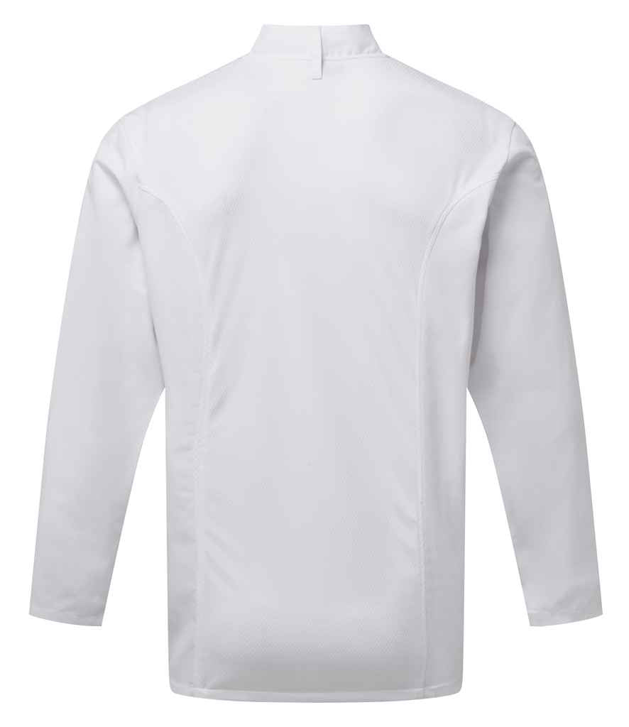 Premier Coolchecker Long Sleeve Chef's Jacket in by Premier — Custom branded clothing by Print Press, featuring premium embroidery produced in our specialist print lab in the UK.