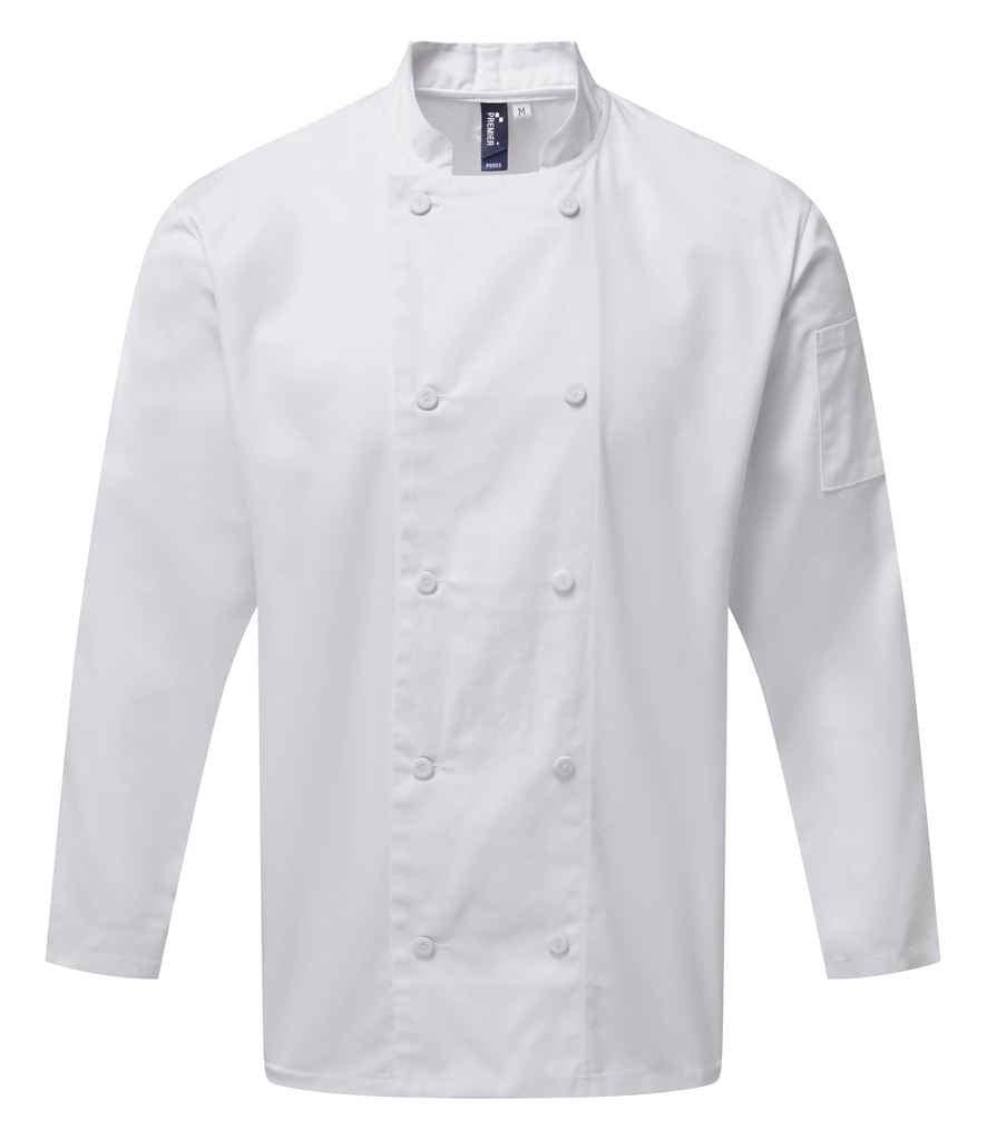 Premier Coolchecker Long Sleeve Chef's Jacket in by Premier — Custom branded clothing by Print Press, featuring premium embroidery produced in our specialist print lab in the UK.