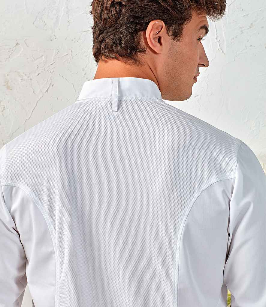 Premier Coolchecker Long Sleeve Chef's Jacket in White by Premier — Custom branded clothing by Print Press, featuring premium embroidery produced in our specialist print lab in the UK.