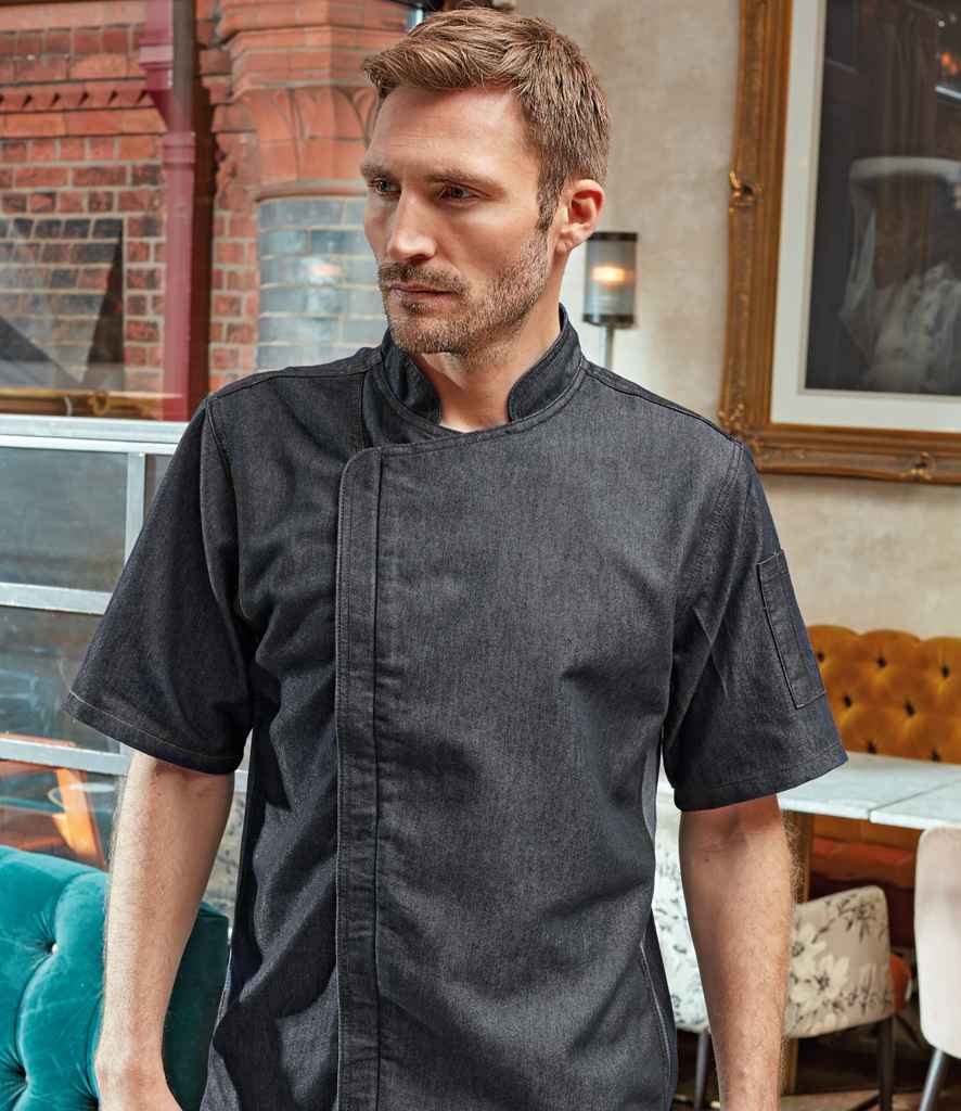 Premier Short Sleeve Zipped Chef's Jacket in Black Denim by Premier — Custom branded clothing by Print Press, featuring premium embroidery produced in our specialist print lab in the UK.