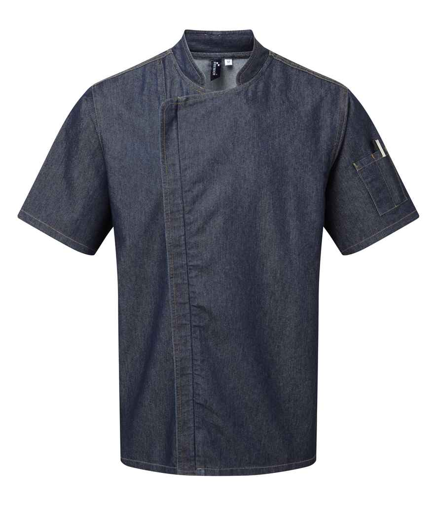 Premier Short Sleeve Zipped Chef's Jacket in Indigo Denim by Premier — Custom branded clothing by Print Press, featuring premium embroidery produced in our specialist print lab in the UK.