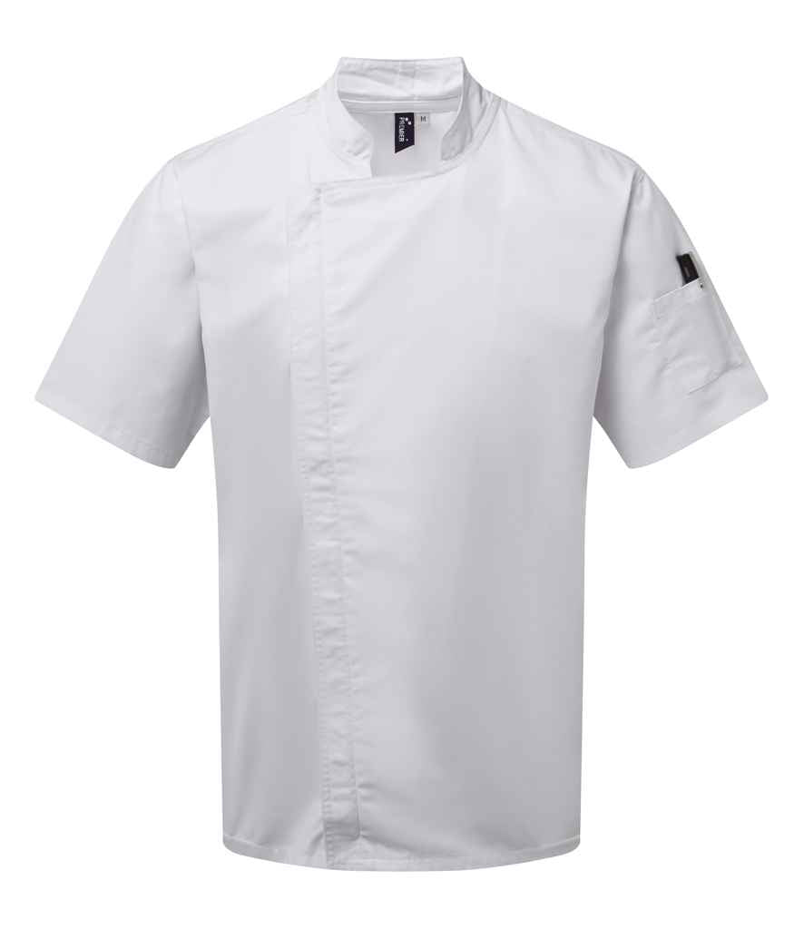 Premier Short Sleeve Zipped Chef's Jacket in White by Premier — Custom branded clothing by Print Press, featuring premium embroidery produced in our specialist print lab in the UK.