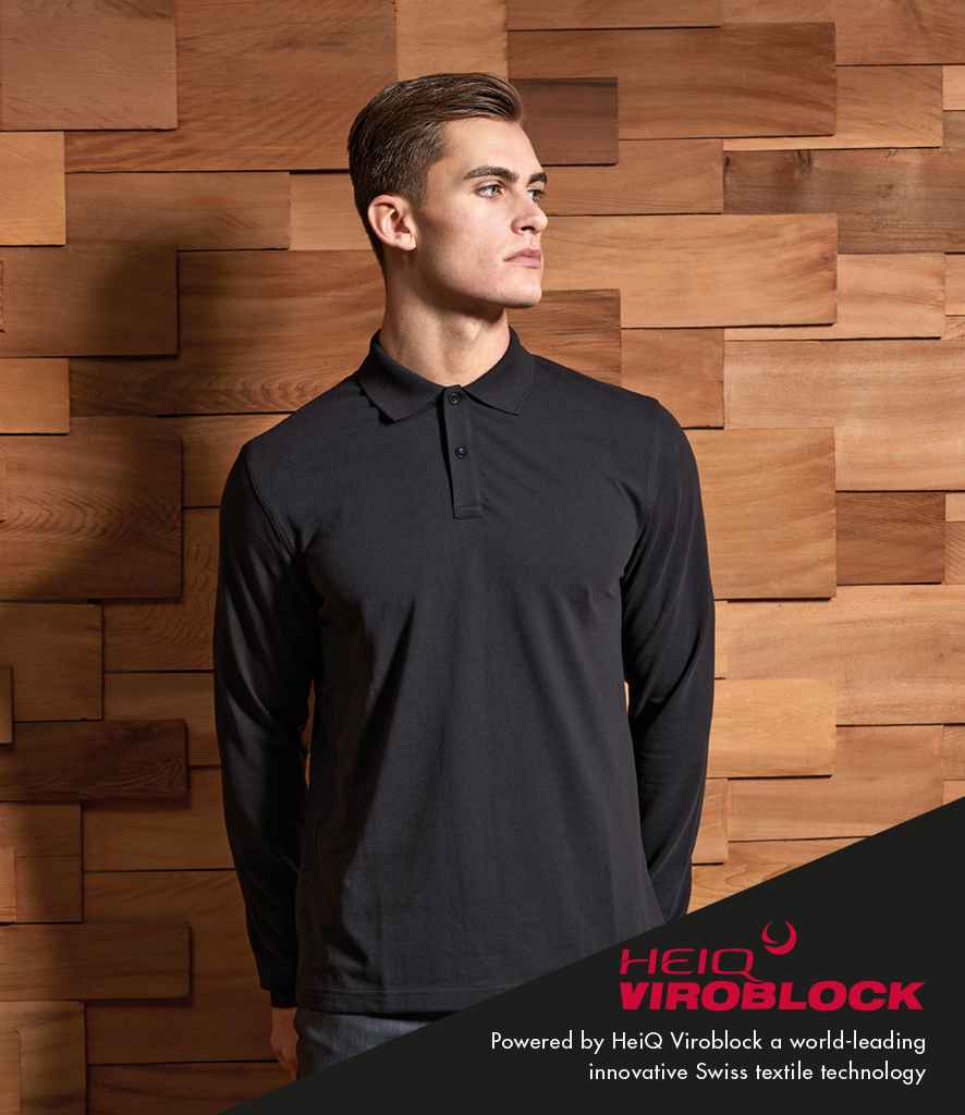 Premier HeiQ Viroblock Unisex Long Sleeve Polo Shirt in Black by Premier — Custom branded clothing by Print Press, featuring premium embroidery produced in our specialist print lab in the UK.