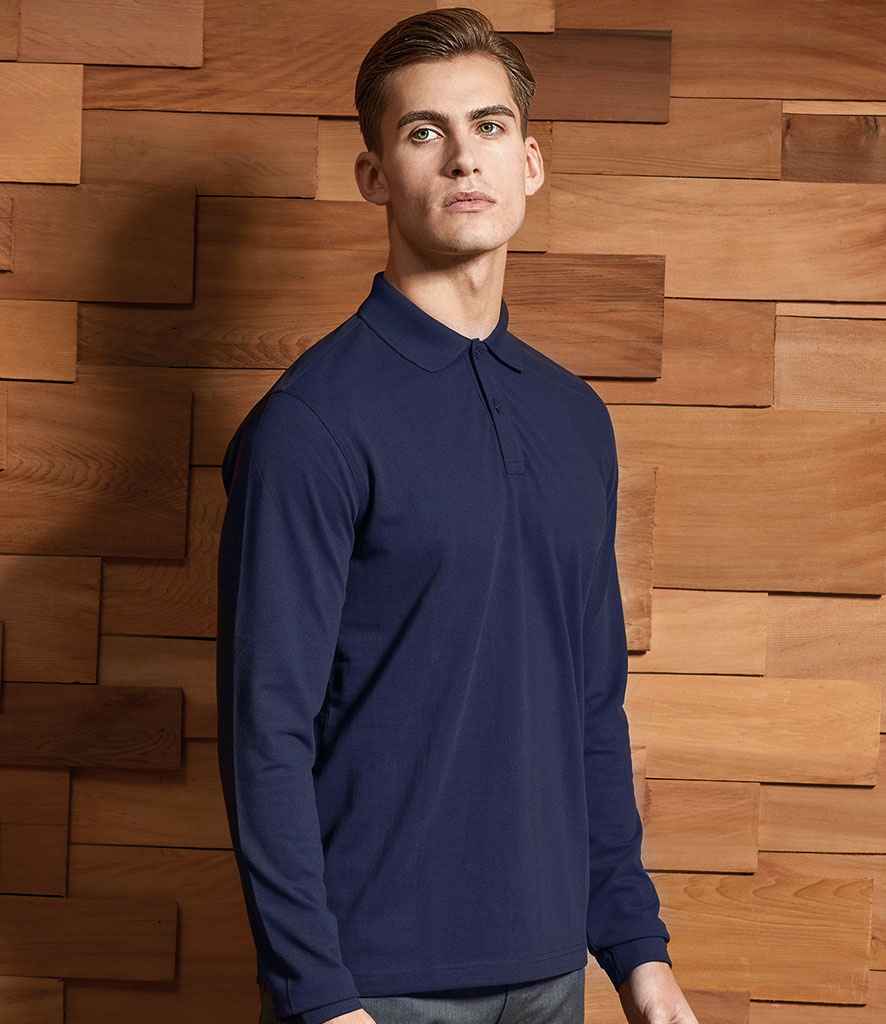 Premier HeiQ Viroblock Unisex Long Sleeve Polo Shirt in Navy by Premier — Custom branded clothing by Print Press, featuring premium embroidery produced in our specialist print lab in the UK.