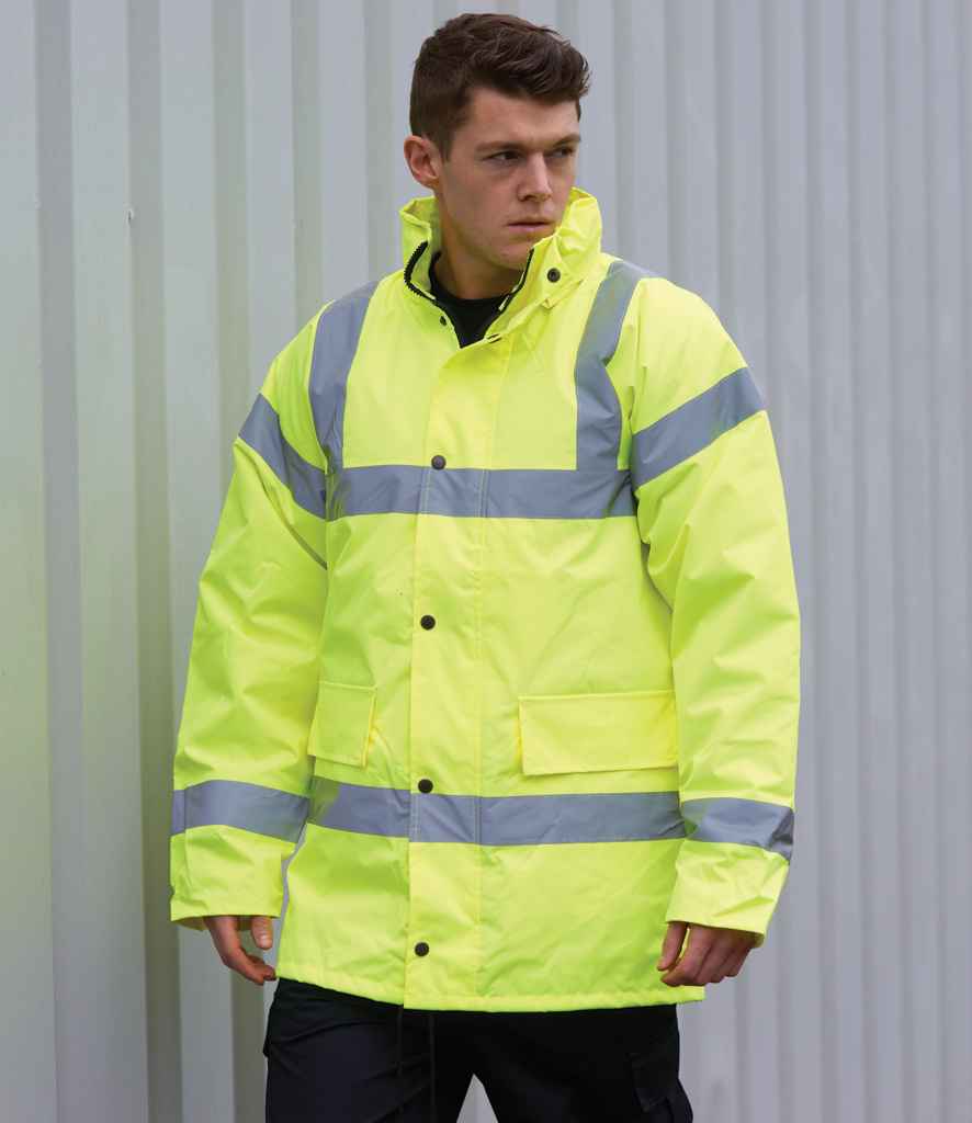 Portwest Hi-Vis Traffic Jacket in Yellow by Portwest — Custom branded clothing by Print Press, featuring premium embroidery produced in our specialist print lab in the UK.