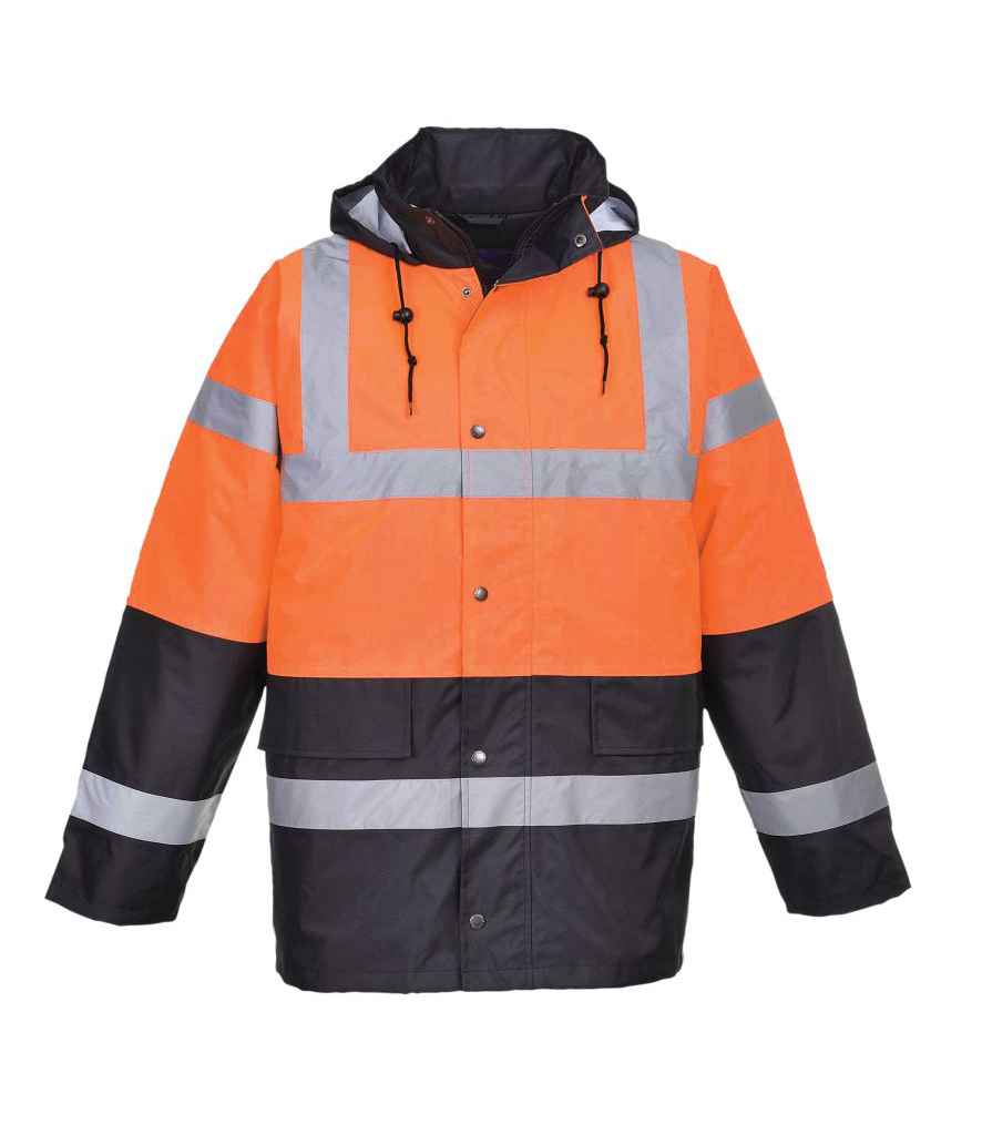 Portwest Hi-Vis Contrast Traffic Jacket in Orange Navy by Portwest — Custom branded clothing by Print Press, featuring premium embroidery produced in our specialist print lab in the UK.