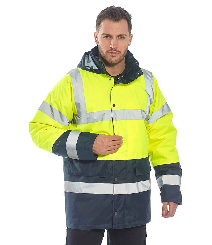 Portwest Hi-Vis Contrast Traffic Jacket in Yellow Navy by Portwest — Custom branded clothing by Print Press, featuring premium embroidery produced in our specialist print lab in the UK.