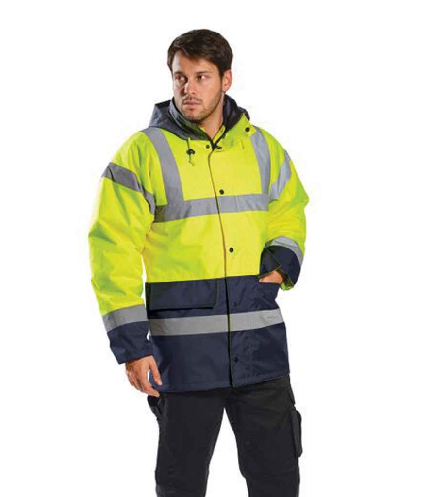 Portwest Hi-Vis Contrast Traffic Jacket in by Portwest — Custom branded clothing by Print Press, featuring premium embroidery produced in our specialist print lab in the UK.