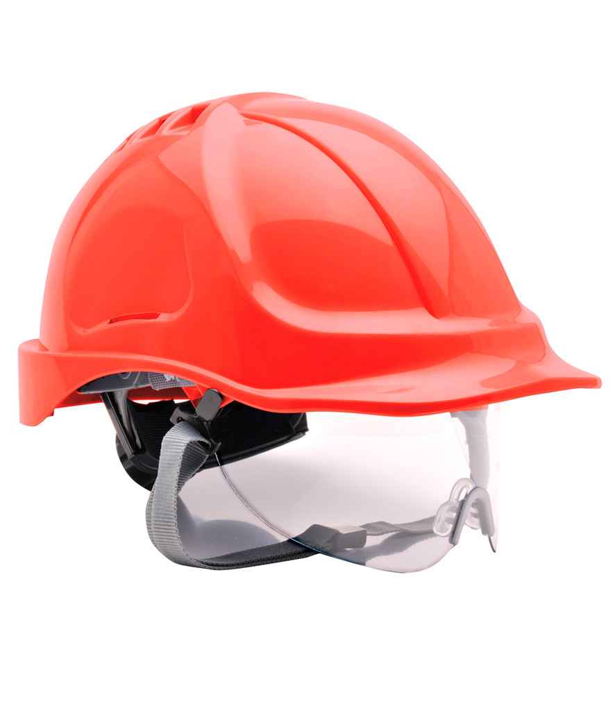 Portwest Endurance Visor Hard Hat in ONE Red by Portwest — Custom branded clothing by Print Press, featuring premium embroidery produced in our specialist print lab in the UK.