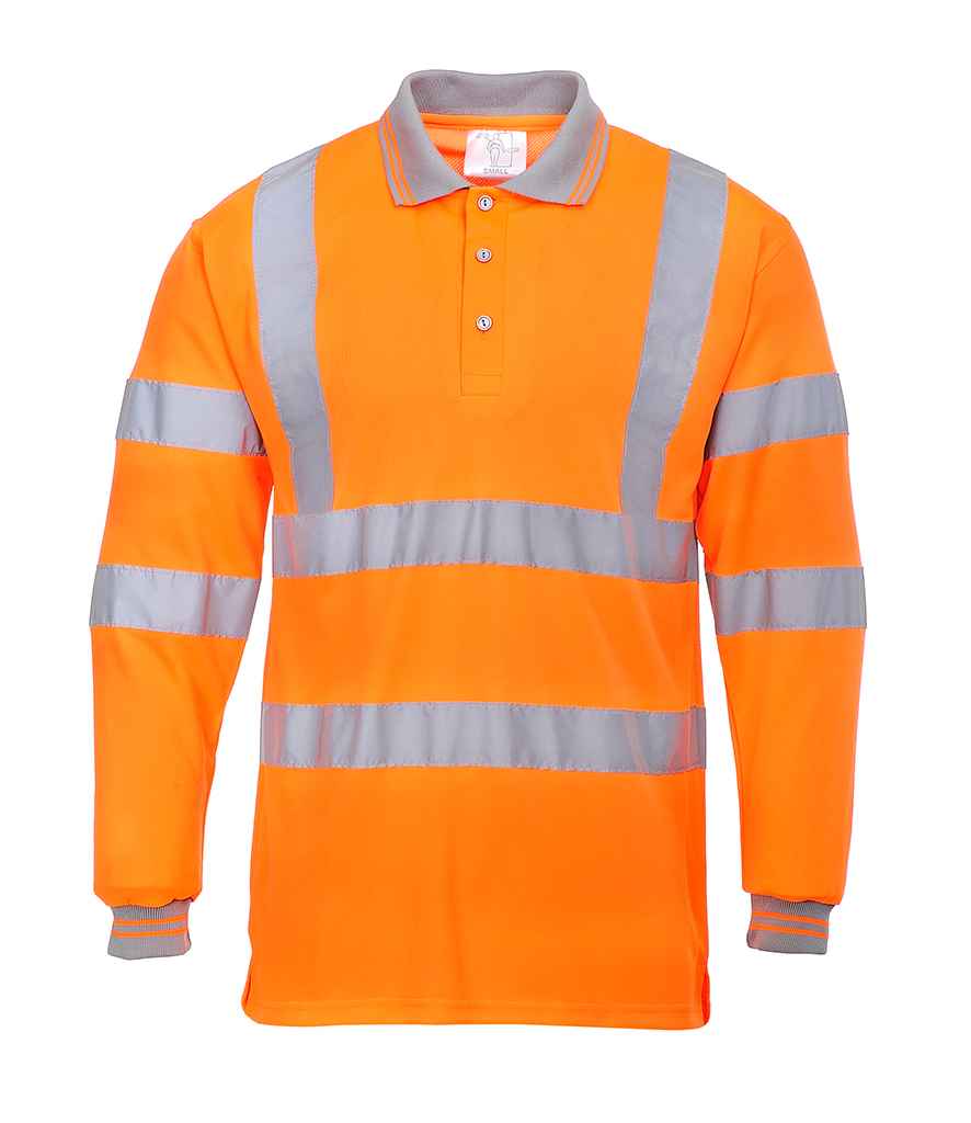 Portwest Hi-Vis Long Sleeve Polo Shirt in Orange by Portwest — Custom branded clothing by Print Press, featuring premium embroidery produced in our specialist print lab in the UK.