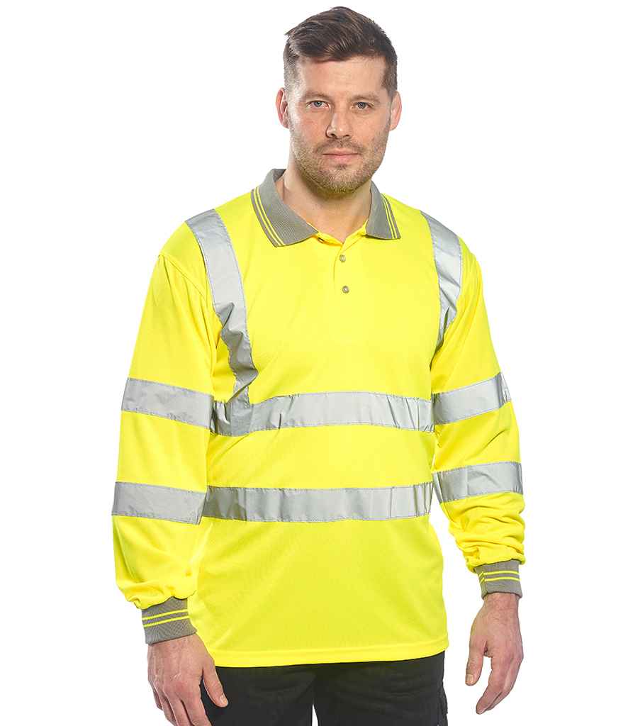 Portwest Hi-Vis Long Sleeve Polo Shirt in Yellow by Portwest — Custom branded clothing by Print Press, featuring premium embroidery produced in our specialist print lab in the UK.