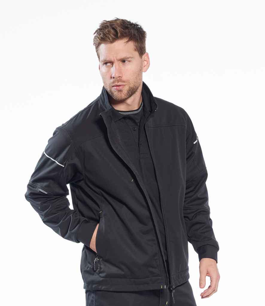Portwest PW3 Flex Shell Jacket in Black by Portwest — Custom branded clothing by Print Press, featuring premium embroidery produced in our specialist print lab in the UK.