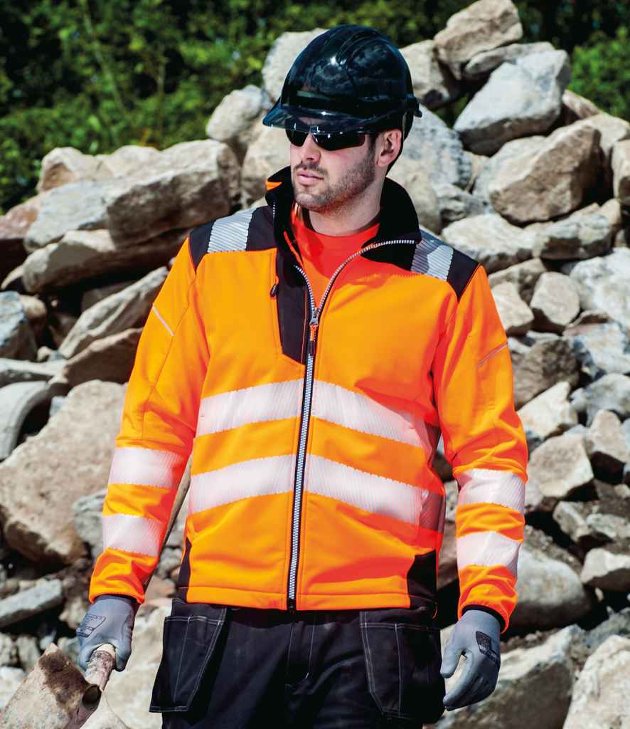Portwest PW3 Hi-Vis Soft Shell Jacket in Orange Black by Portwest — Custom branded clothing by Print Press, featuring premium embroidery produced in our specialist print lab in the UK.