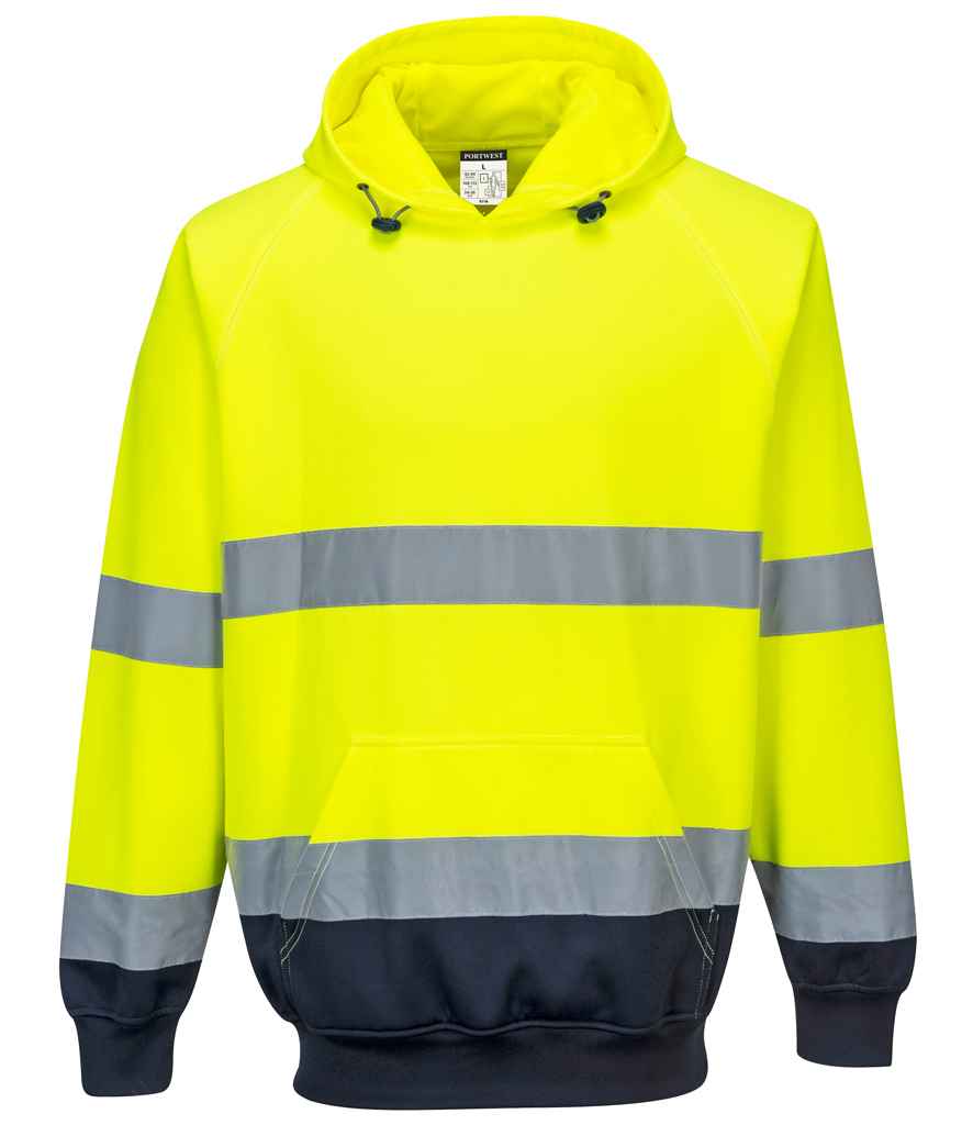 Portwest Hi-Vis Two Tone Hooded Sweatshirt in Yellow Navy by Portwest — Custom branded clothing by Print Press, featuring premium embroidery produced in our specialist print lab in the UK.