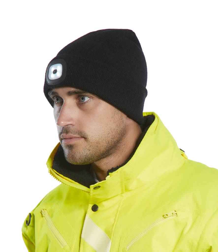 Portwest LED Head Light Beanie in ONE Black by Portwest — Custom branded clothing by Print Press, featuring premium embroidery produced in our specialist print lab in the UK.