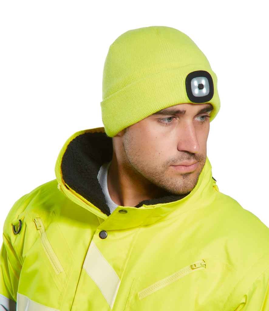 Portwest LED Head Light Beanie in ONE Yellow by Portwest — Custom branded clothing by Print Press, featuring premium embroidery produced in our specialist print lab in the UK.