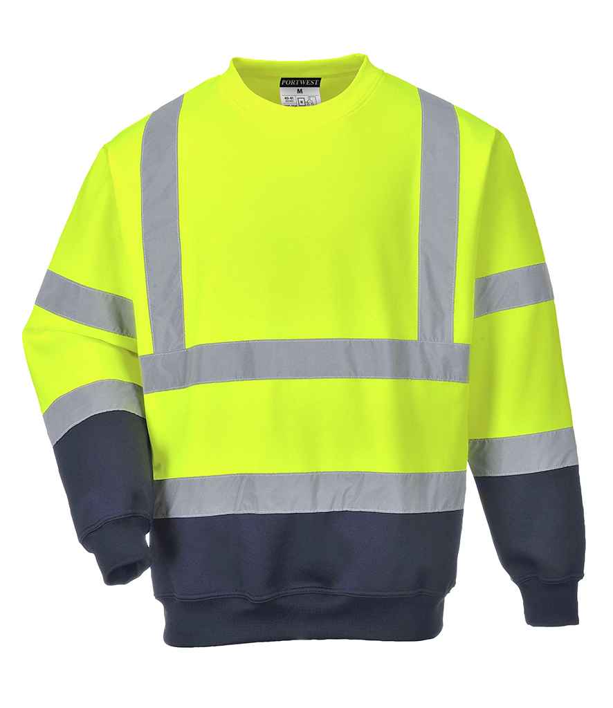 Portwest Hi-Vis Two Tone Sweatshirt in Yellow Navy by Portwest — Custom branded clothing by Print Press, featuring premium embroidery produced in our specialist print lab in the UK.