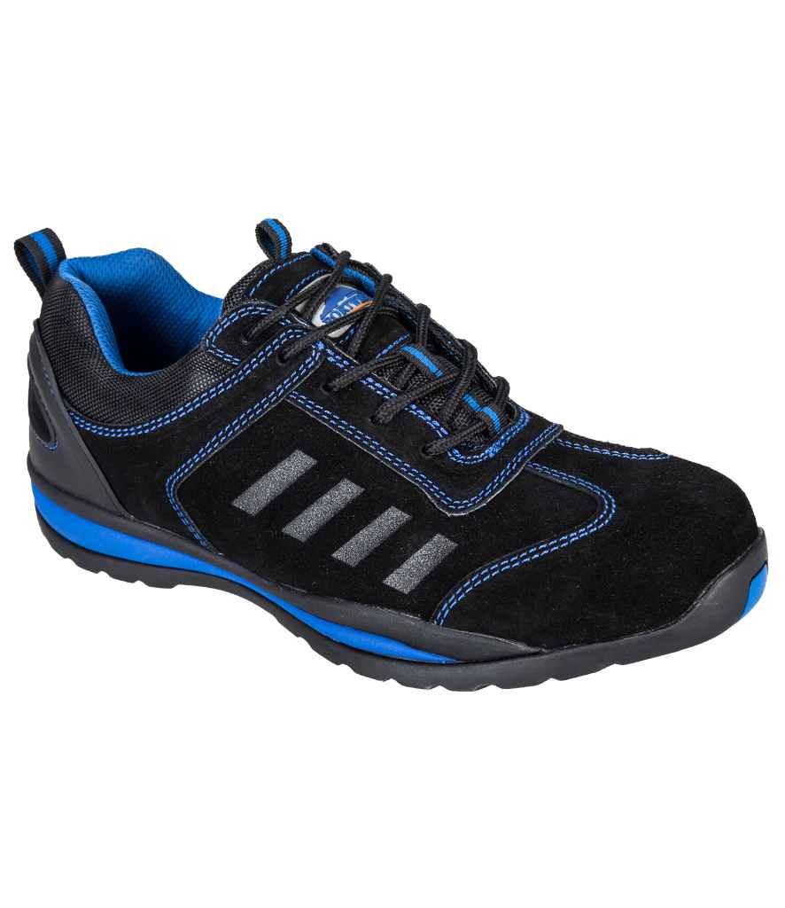 Portwest Steelite Lusum S1P HRO Safety Trainers in Black Blue by Portwest — Custom branded clothing by Print Press, featuring premium embroidery produced in our specialist print lab in the UK.
