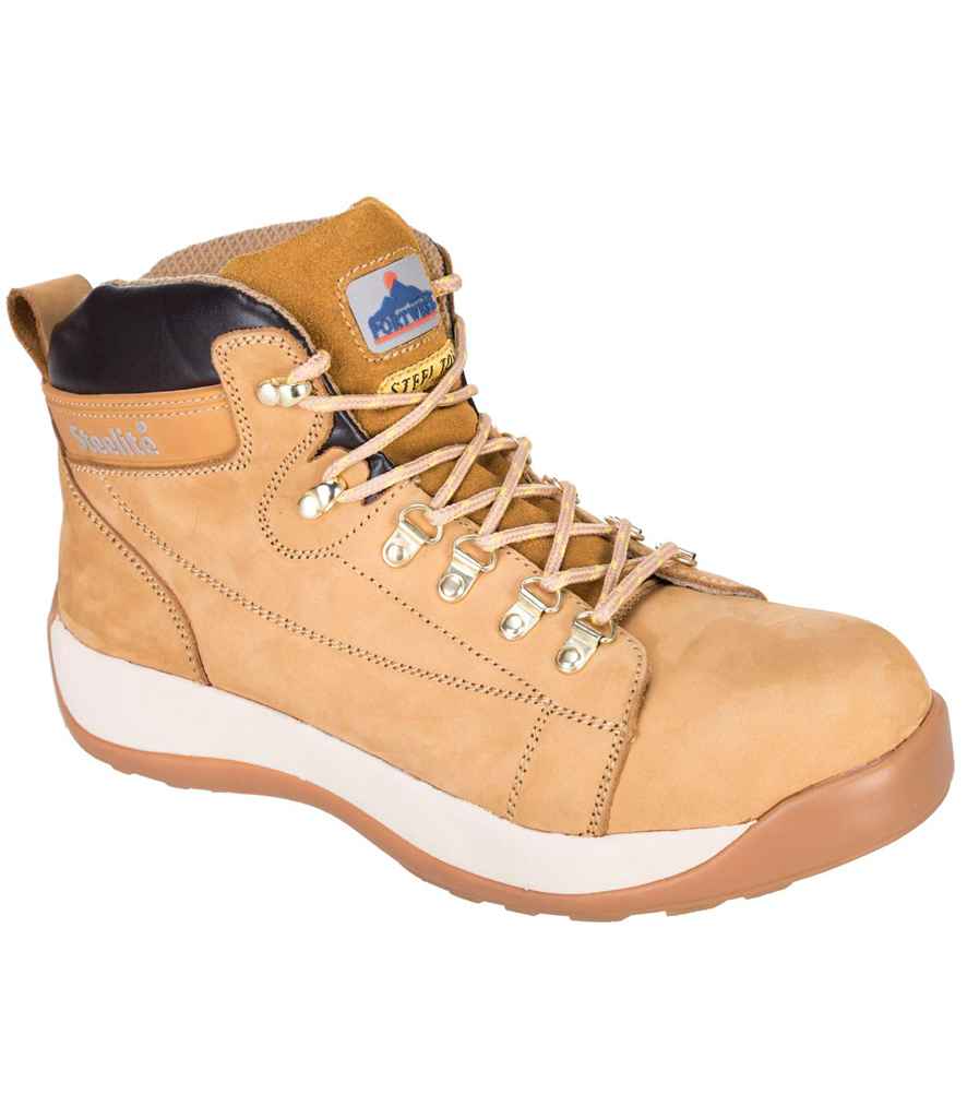 Portwest Steelite Mid Cut Nubuck SB HRO Boots in Honey by Portwest — Custom branded clothing by Print Press, featuring premium embroidery produced in our specialist print lab in the UK.
