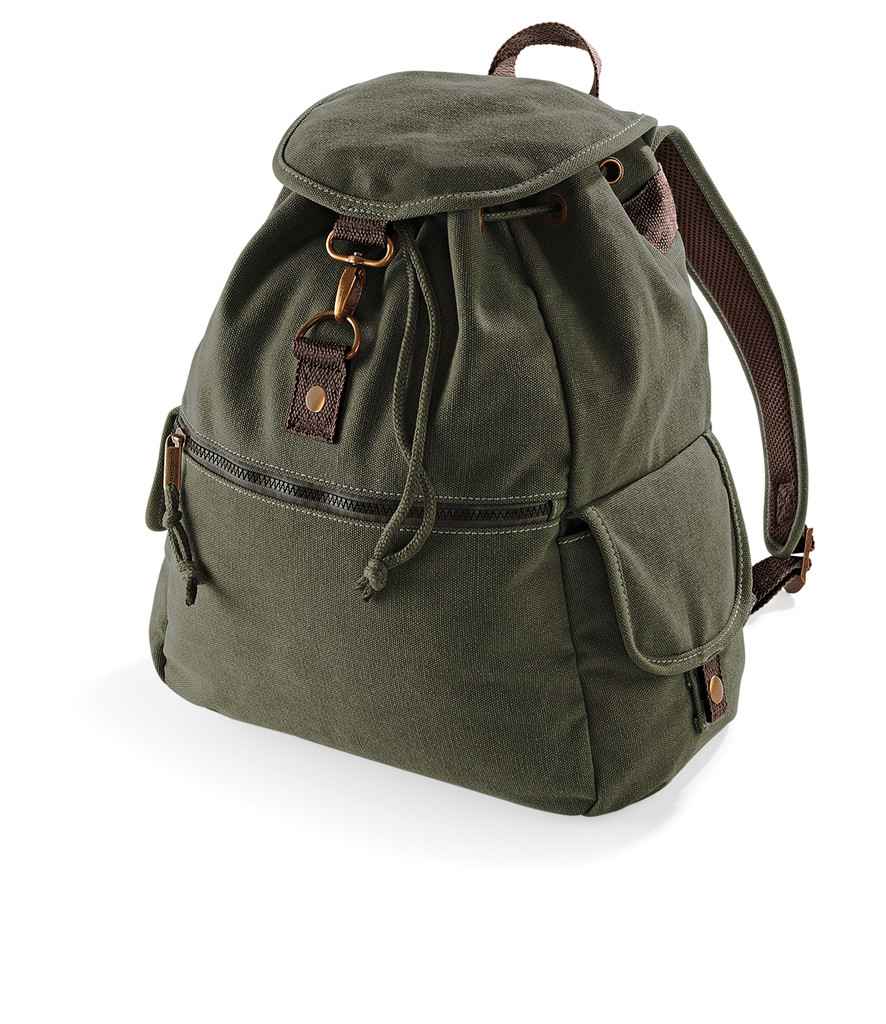 Quadra Vintage Canvas Backpack in ONE Vintage Military Green by Quadra — Custom branded clothing by Print Press, featuring premium embroidery produced in our specialist print lab in the UK.