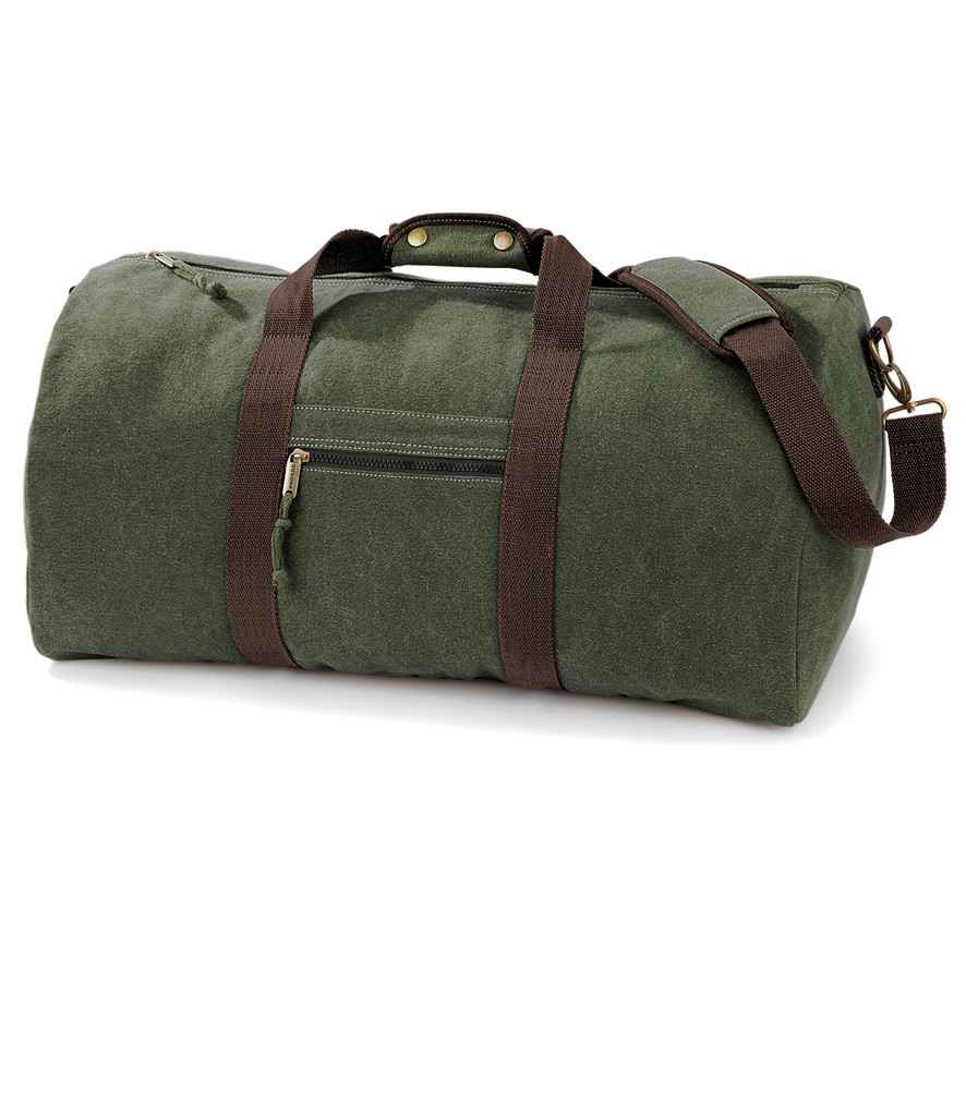 Quadra Vintage Canvas Holdall in ONE Vintage Military Green by Quadra — Custom branded clothing by Print Press, featuring premium embroidery produced in our specialist print lab in the UK.