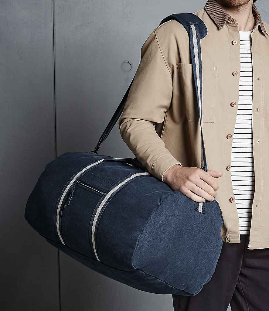 Quadra Vintage Canvas Holdall in ONE Vintage Oxford Navy by Quadra — Custom branded clothing by Print Press, featuring premium embroidery produced in our specialist print lab in the UK.